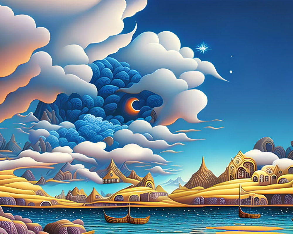 Whimsical surreal landscape with crescent moon, star, stylized mountains, quaint houses, and