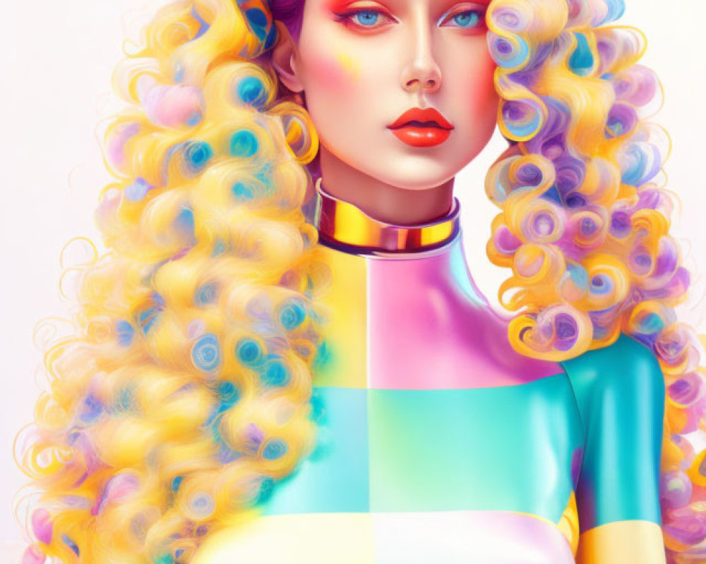 Colorful digital illustration of a woman with multicolored hair and bright blue eyes.