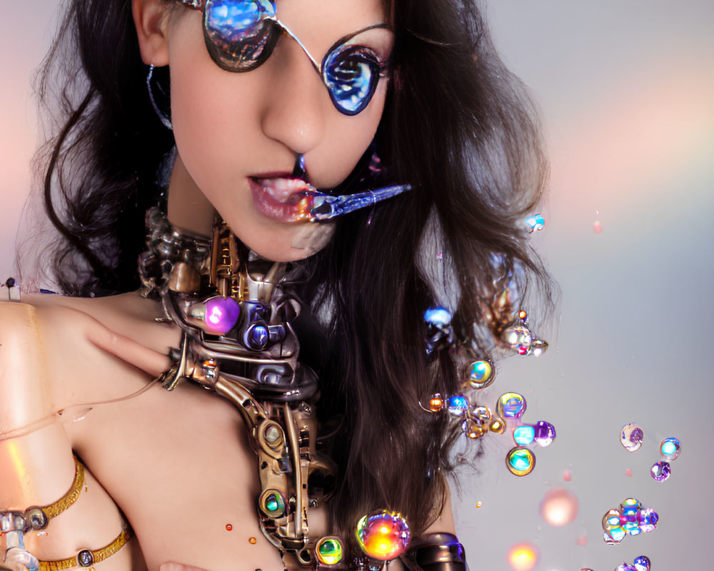 Cyberpunk-themed woman with metallic arm prosthetics and colored lens eyewear among floating iridescent