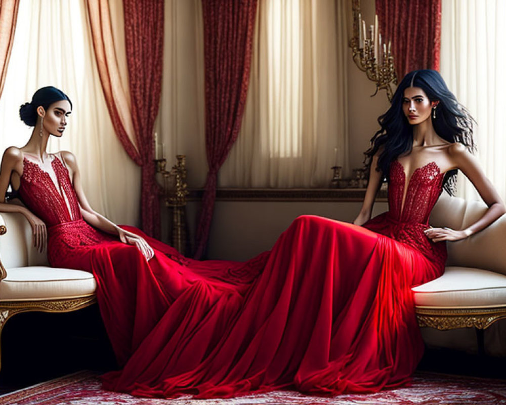 Elegant women in red gowns on classic white sofas in luxurious room