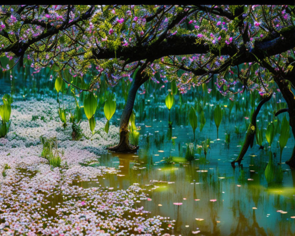 Tranquil Water Garden with Lily Pads and Blossoming Trees