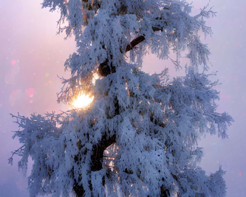 Snow-covered tree illuminated in warm light during twilight snowfall.