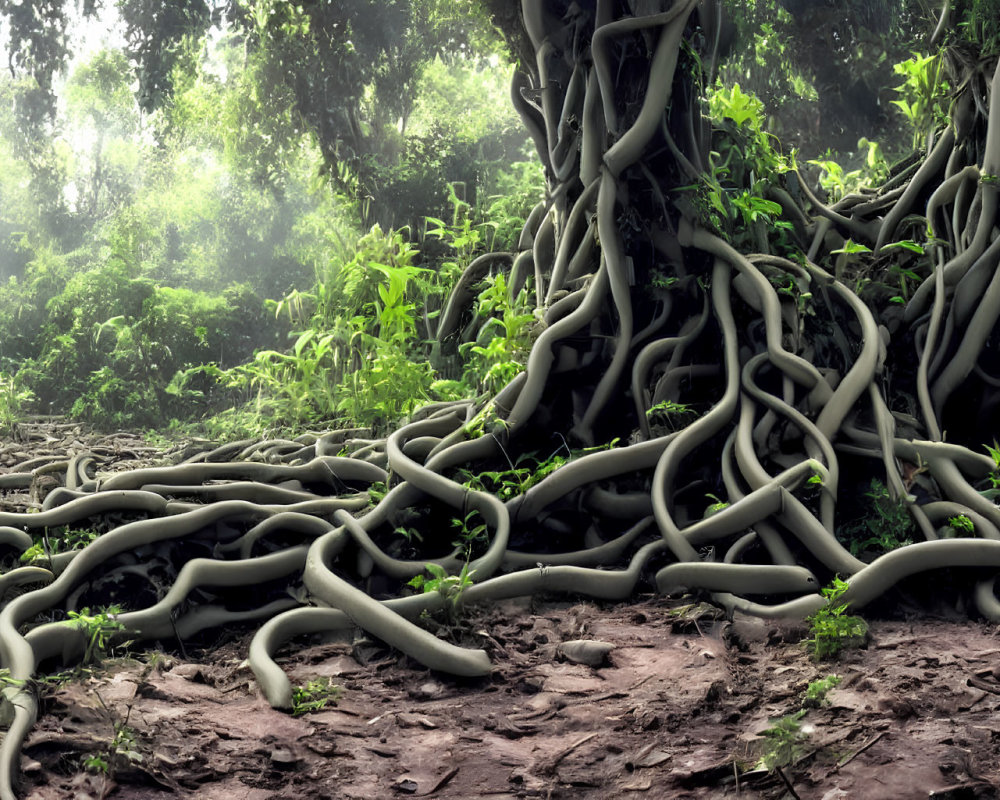 Misty forest scene with intertwined tree roots