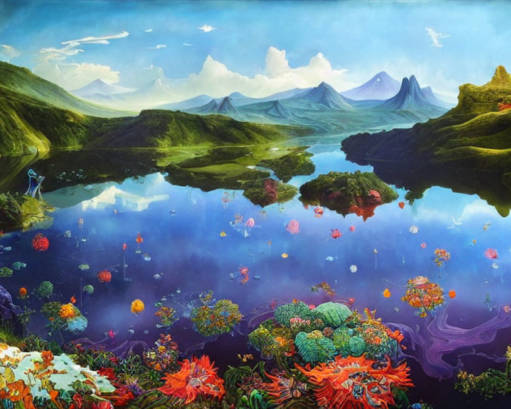 Scenic landscape with green foreground, clear lake, underwater coral formations, and mountains under blue sky