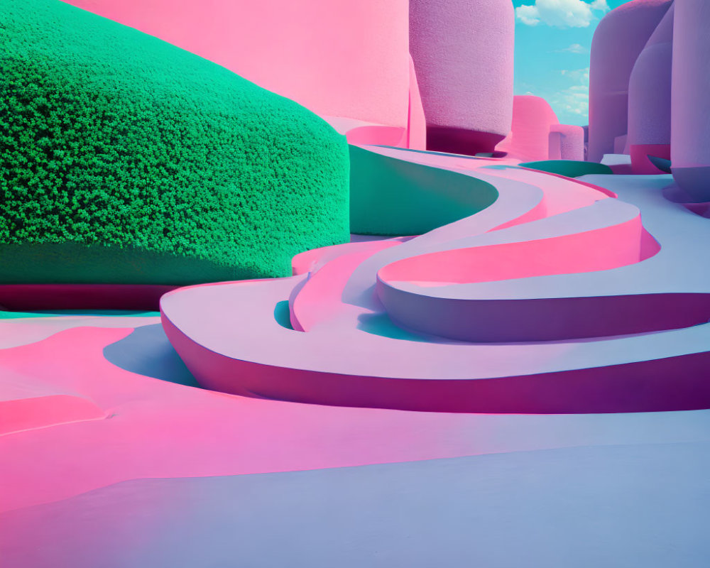 Vibrant Pink and Blue Surreal Landscape with White Paths