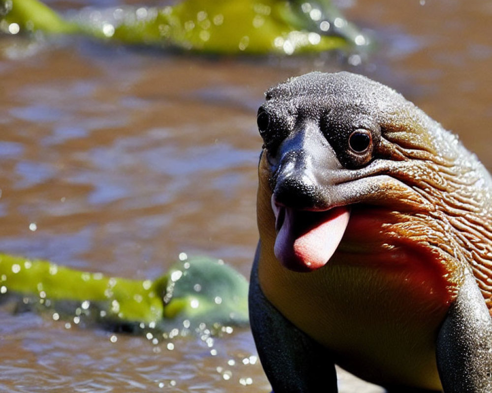 Close-up of South American yellow-spotted river turtle with open mouth in water