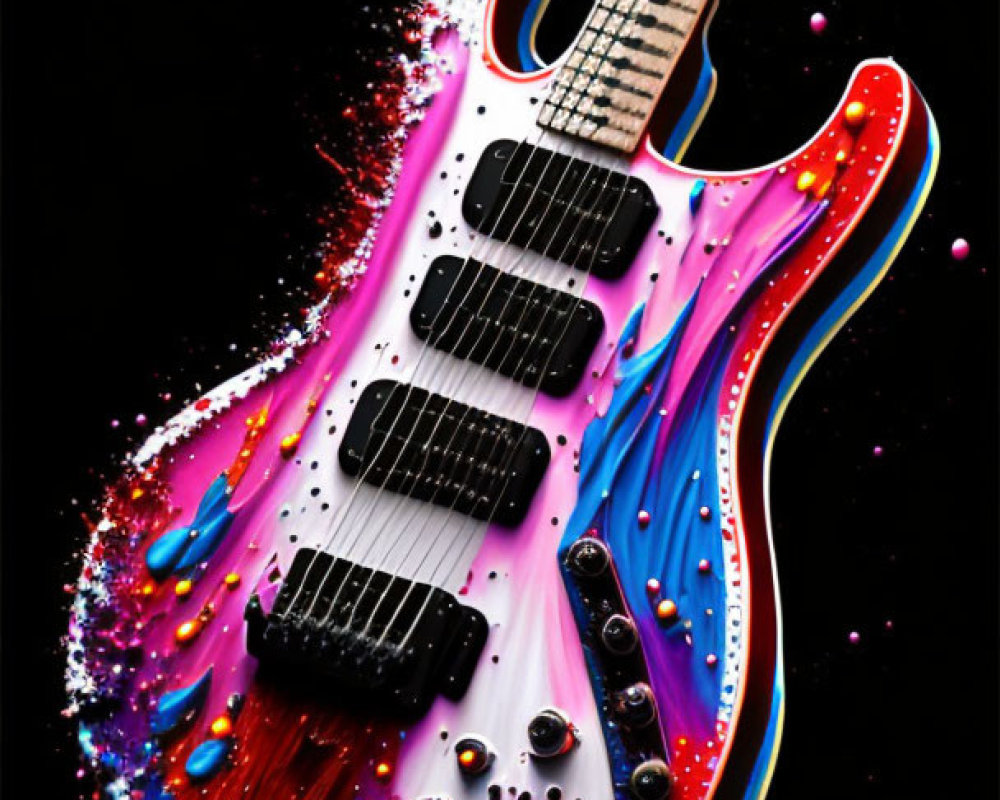 Vibrant guitar image with colorful paint splash on black background