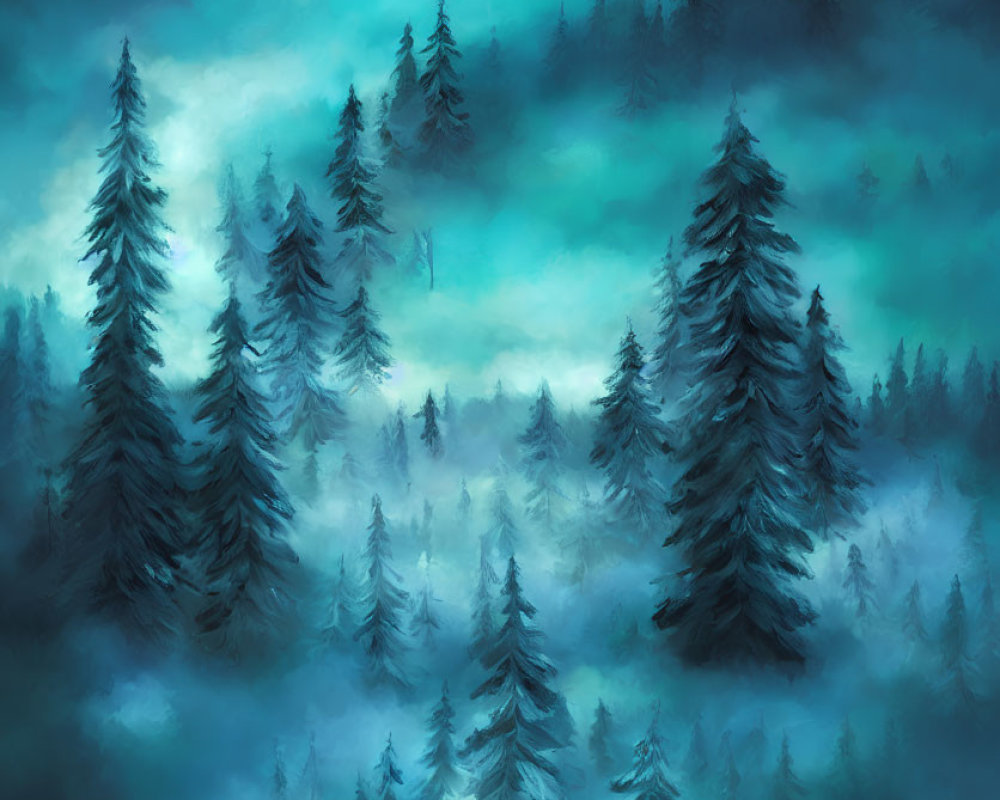 Mystical forest with tall pine trees in misty twilight