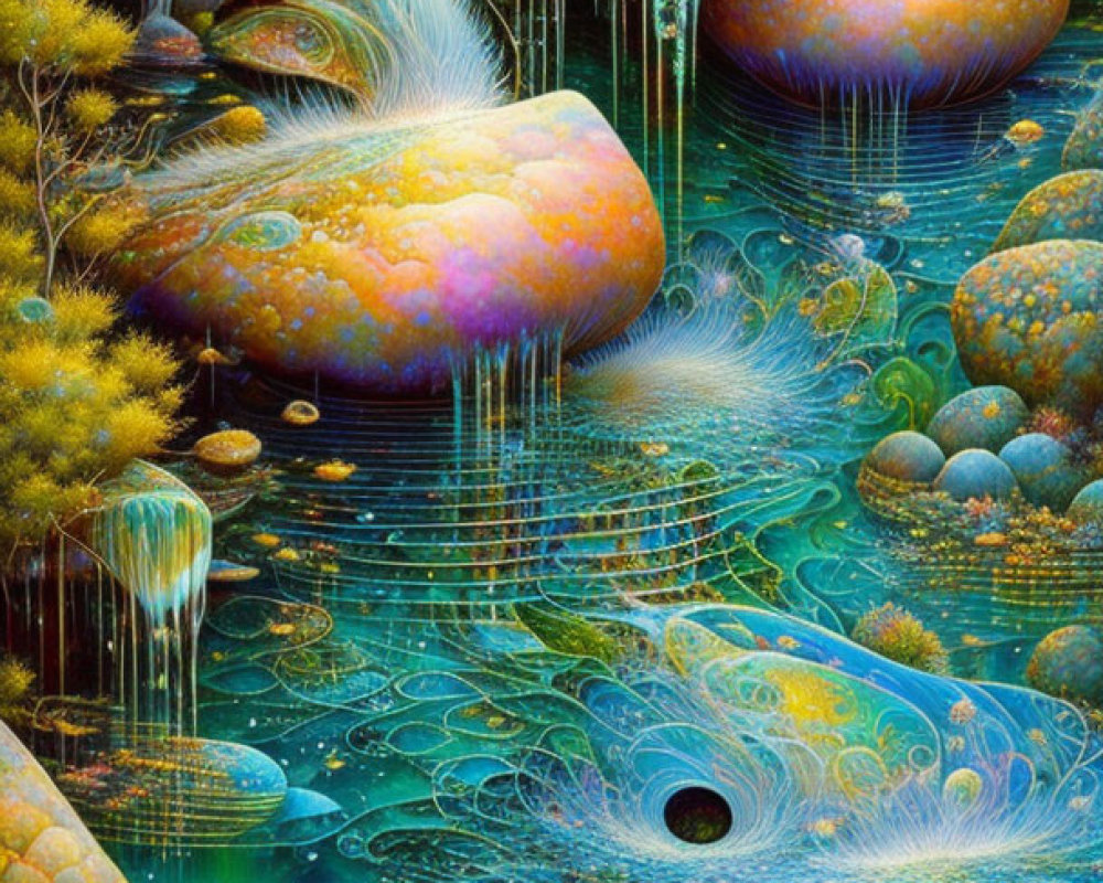 Colorful painting of rounded stones, waterfalls, and alien vegetation.