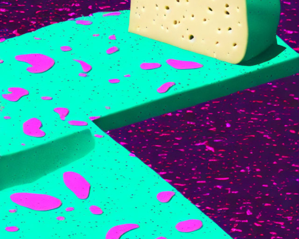 Cheese Wedge on Colorful Green and Pink Textured Surface