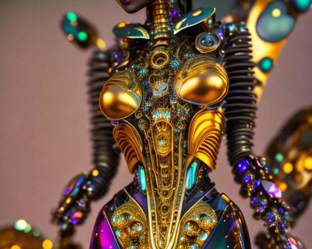 Futuristic humanoid android with golden and black designs on warm background