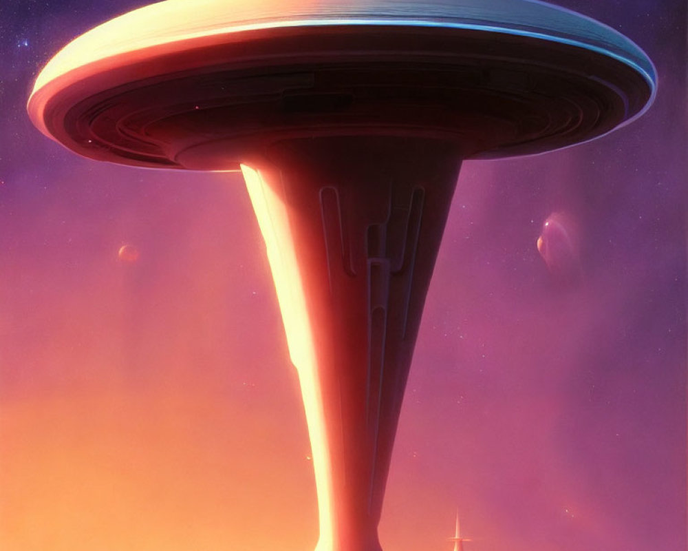 Futuristic spacecraft with saucer section in vibrant alien sky