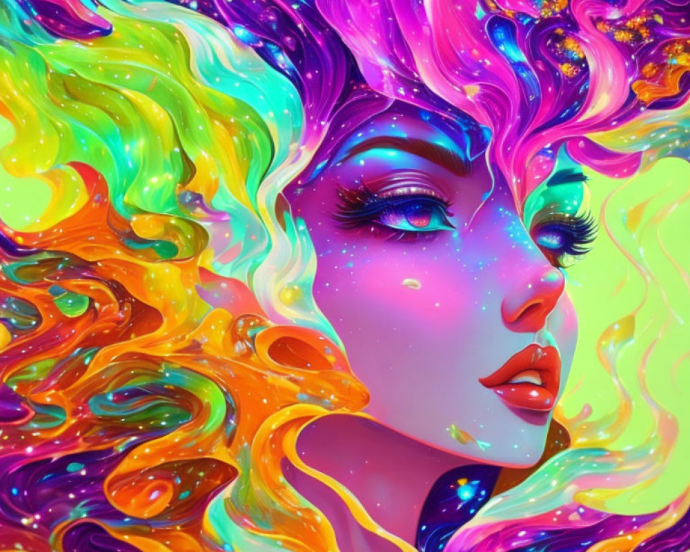 Colorful digital portrait of a woman with flowing, multicolored hair on a psychedelic background