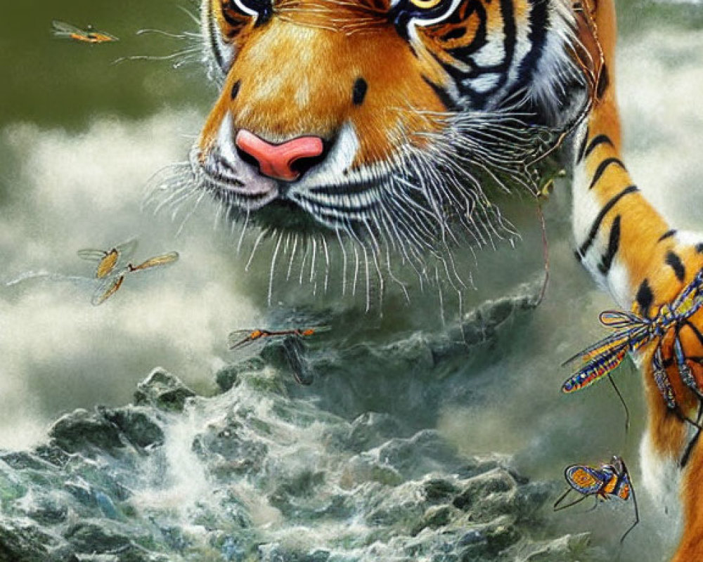 Tiger Artwork with Dragonflies and Greenery