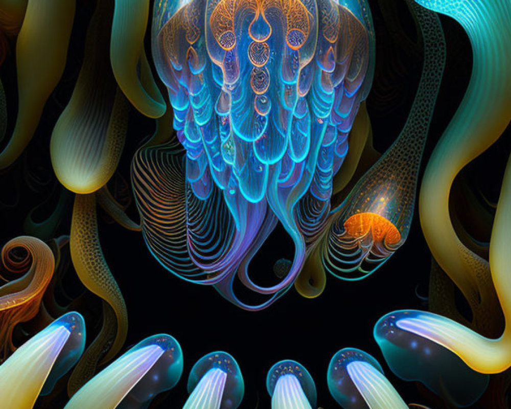Colorful digital artwork of glowing jellyfish among sea plants in dark underwater scene