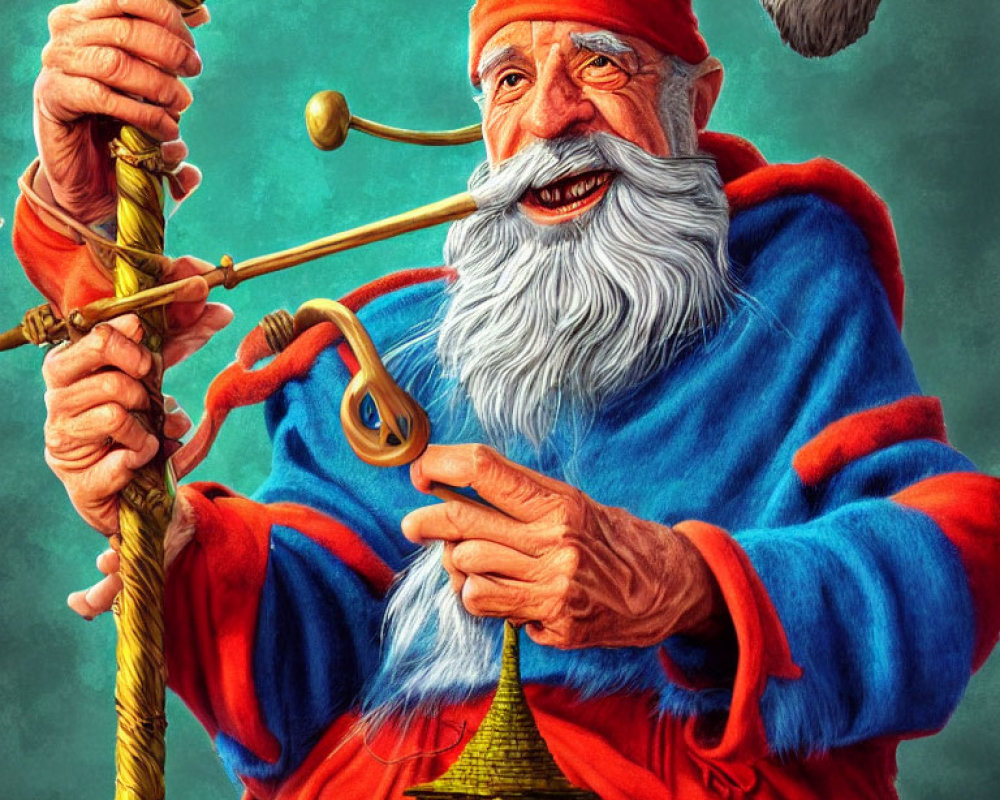 Elderly wizard with white beard, red hat, blue robe, golden key, and mystical staff