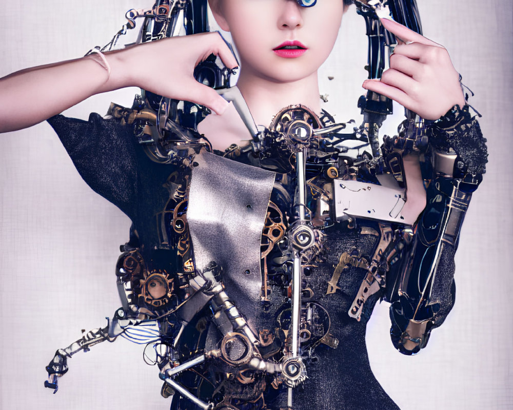 Futuristic portrait of woman with robotic attire and metallic makeup