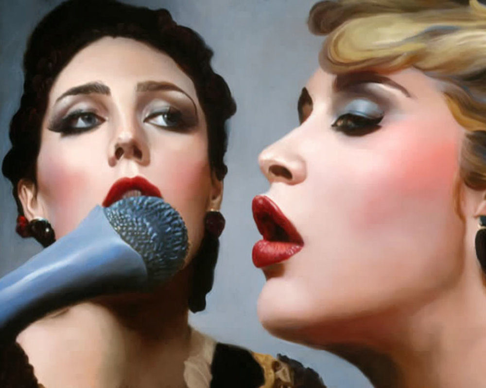 Vintage makeup women singing with microphone in stylized image