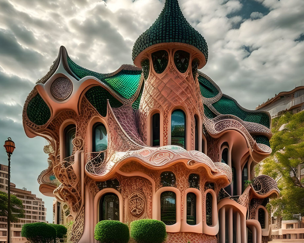 Ornate building with green tiled roof and organic motifs against cloudy sky