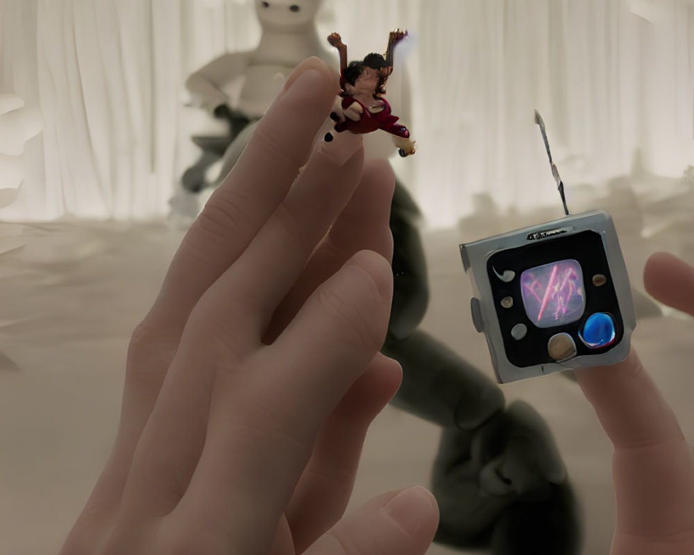 Miniature figure held by hand with futuristic device in white-pillared room