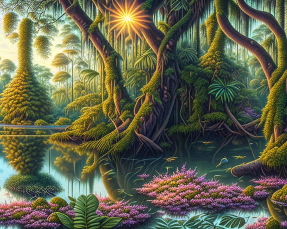 Lush Jungle Scene with Radiant Sunlight