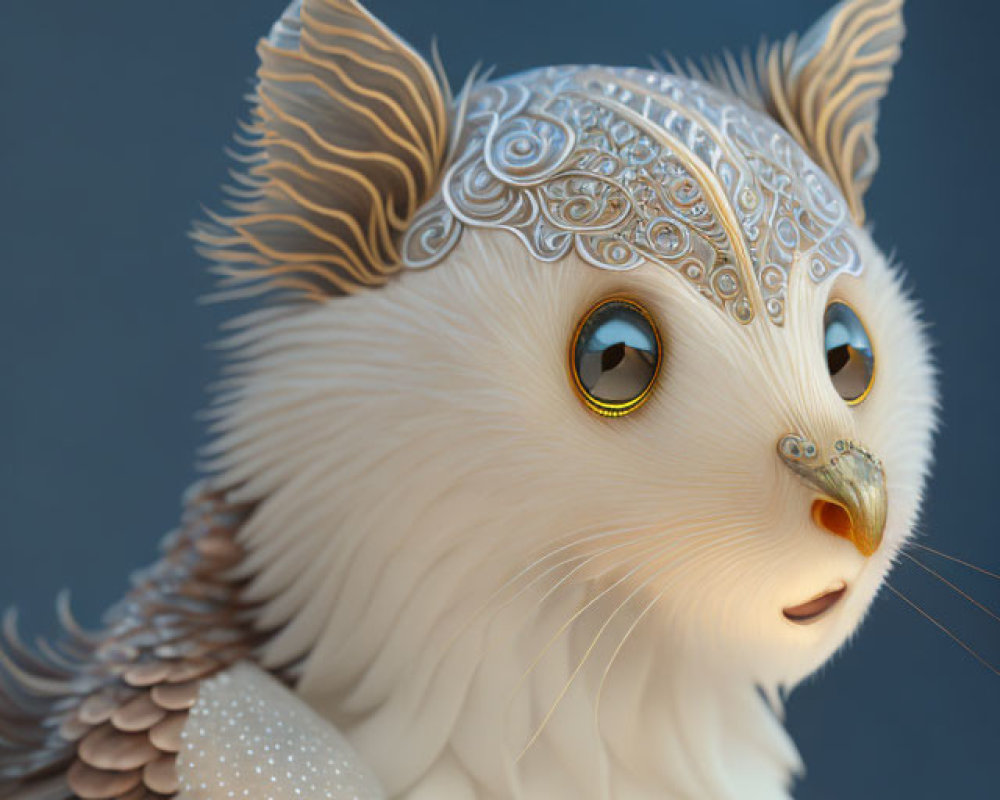 Anthropomorphic creature digital artwork: owl and cat features, silver headpiece, golden eyes.
