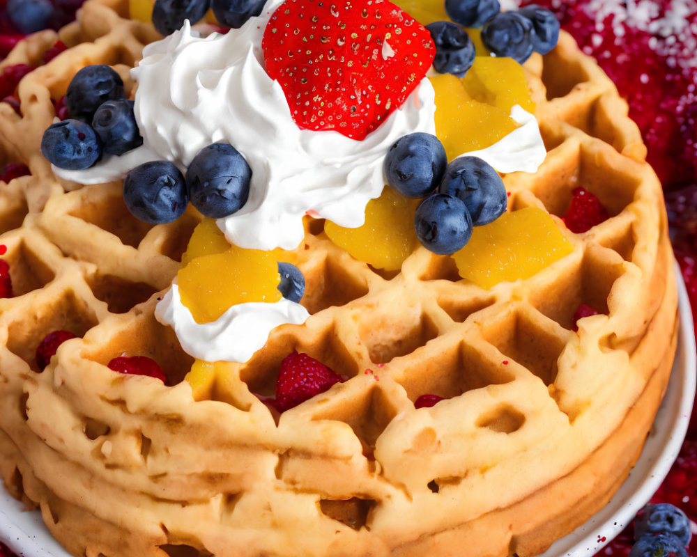 Golden waffle with whipped cream, fruit toppings on white plate