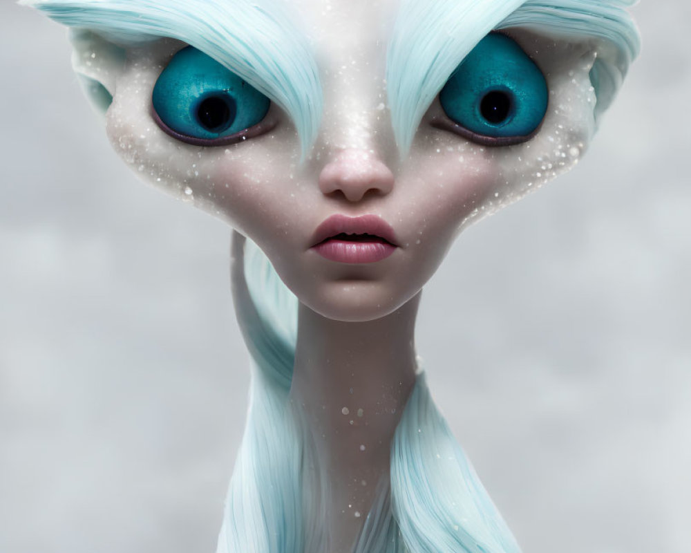 Surreal figure with large blue eyes and flowing light blue hair