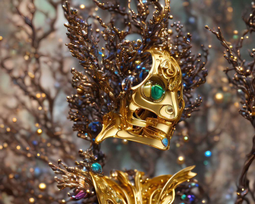 Intricate golden mask with emerald eyes in enchanted forest setting