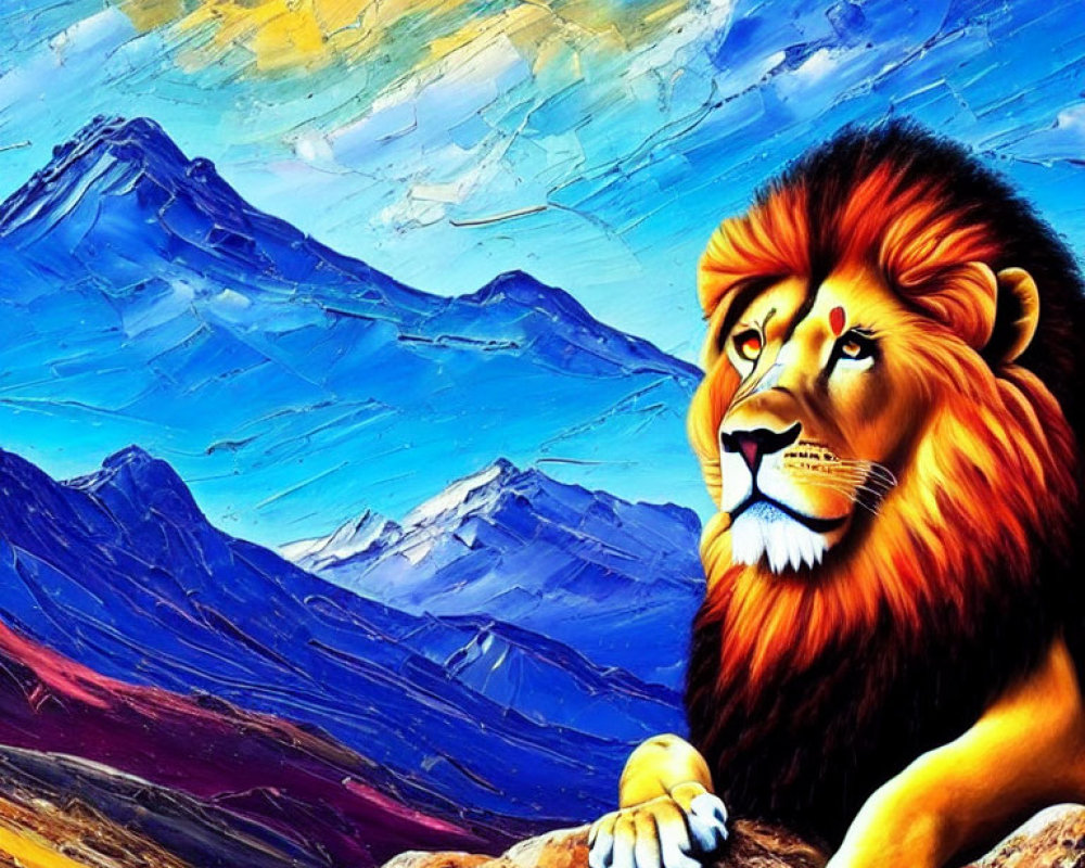 Colorful painting of lion resting on rock with blue mountains and textured sky