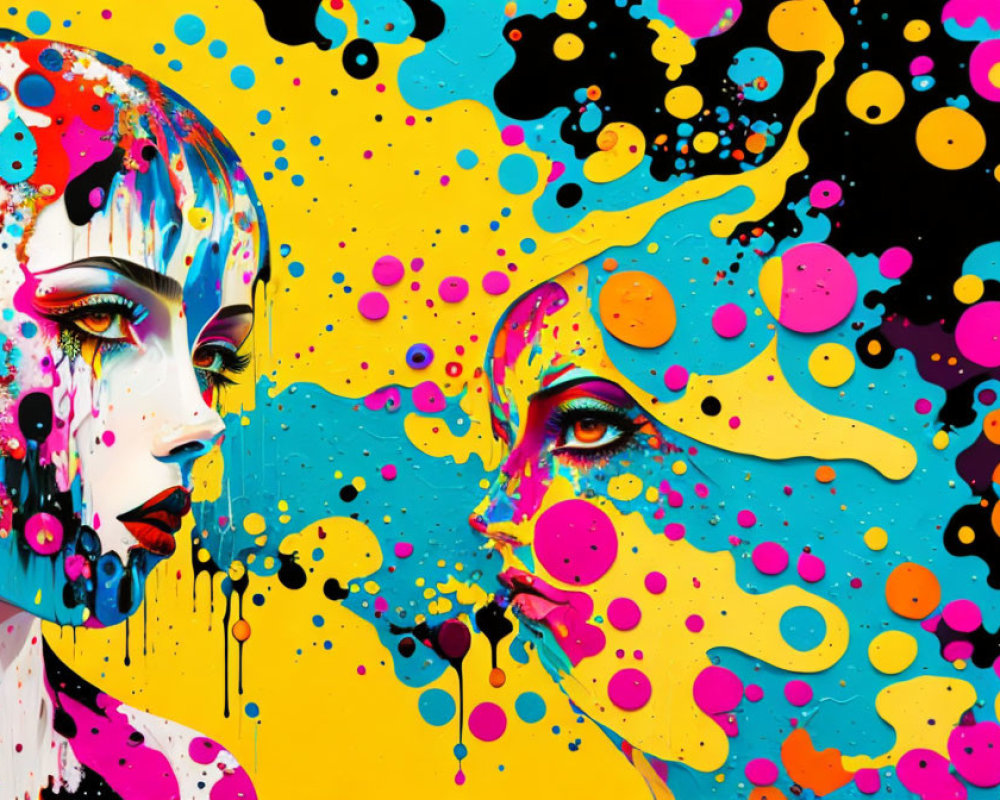 Vibrant multicolored paint splatters on stylized female faces