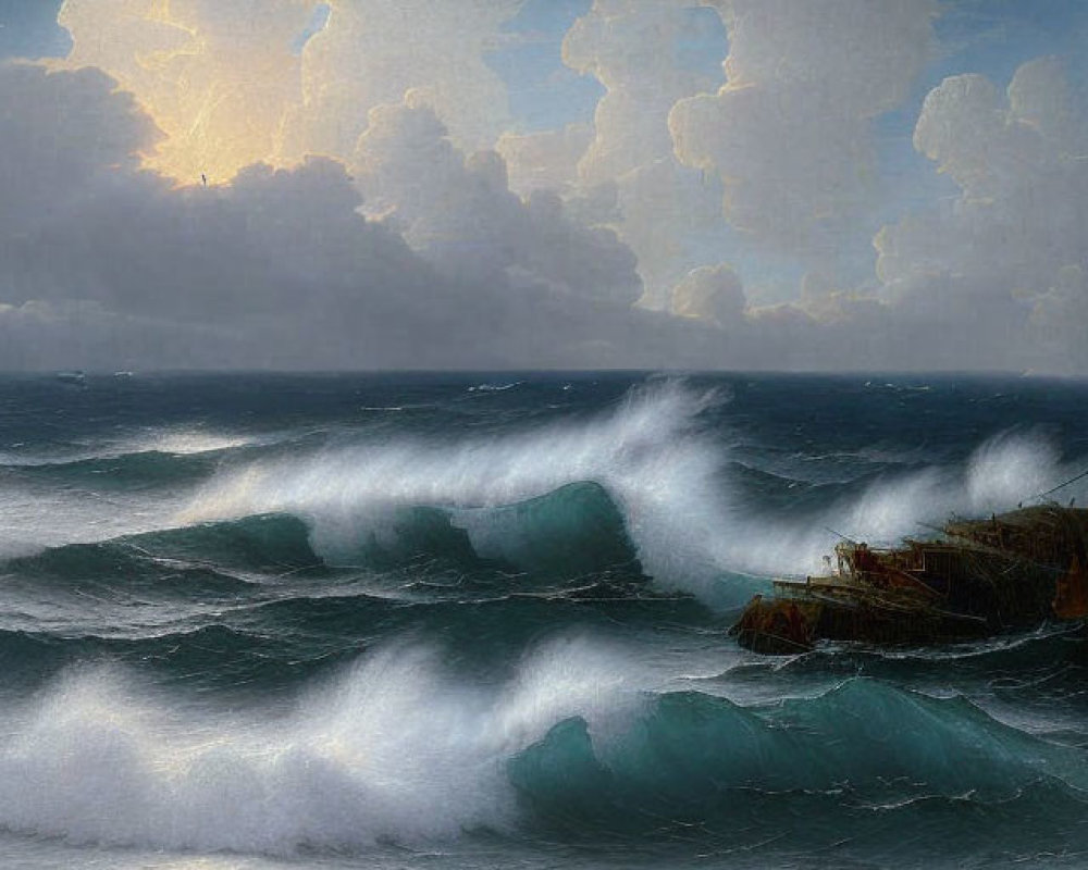 Stormy Sea Painting with Dark Waves and Sunlit Sky