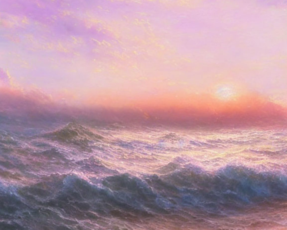 Pastel-colored sunrise/sunset over tranquil sea with gentle waves