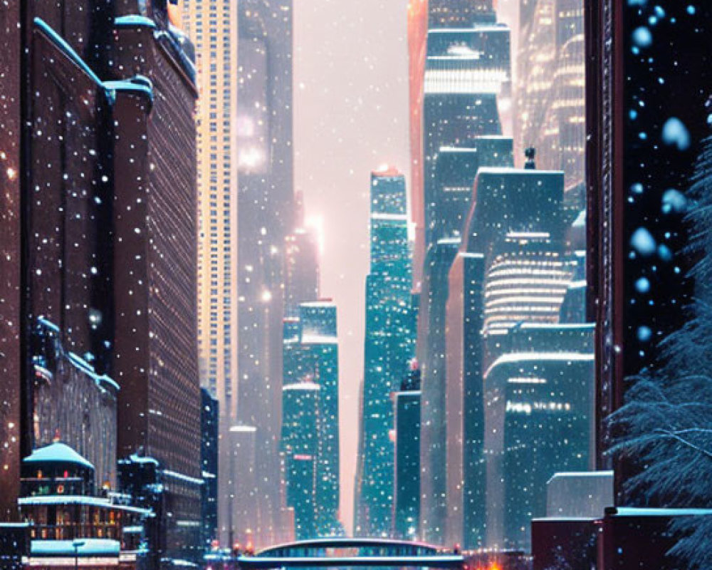 Twilight snowy cityscape with illuminated skyscrapers & vehicle light streaks