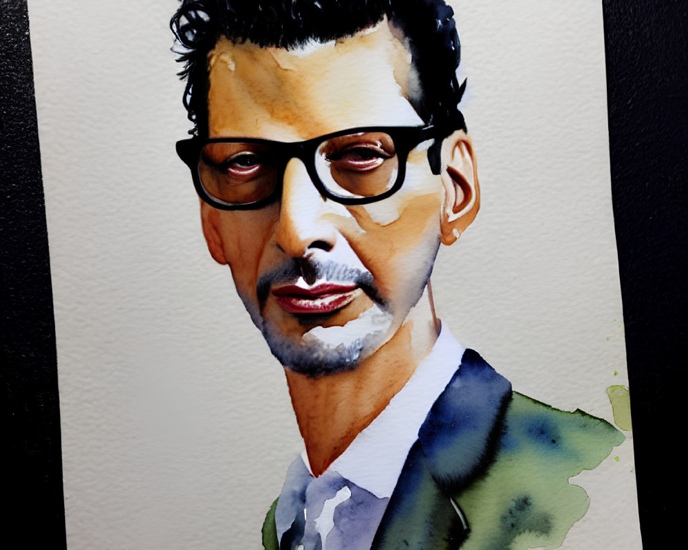 Expressive watercolor portrait of a man with glasses, mustache, and suit