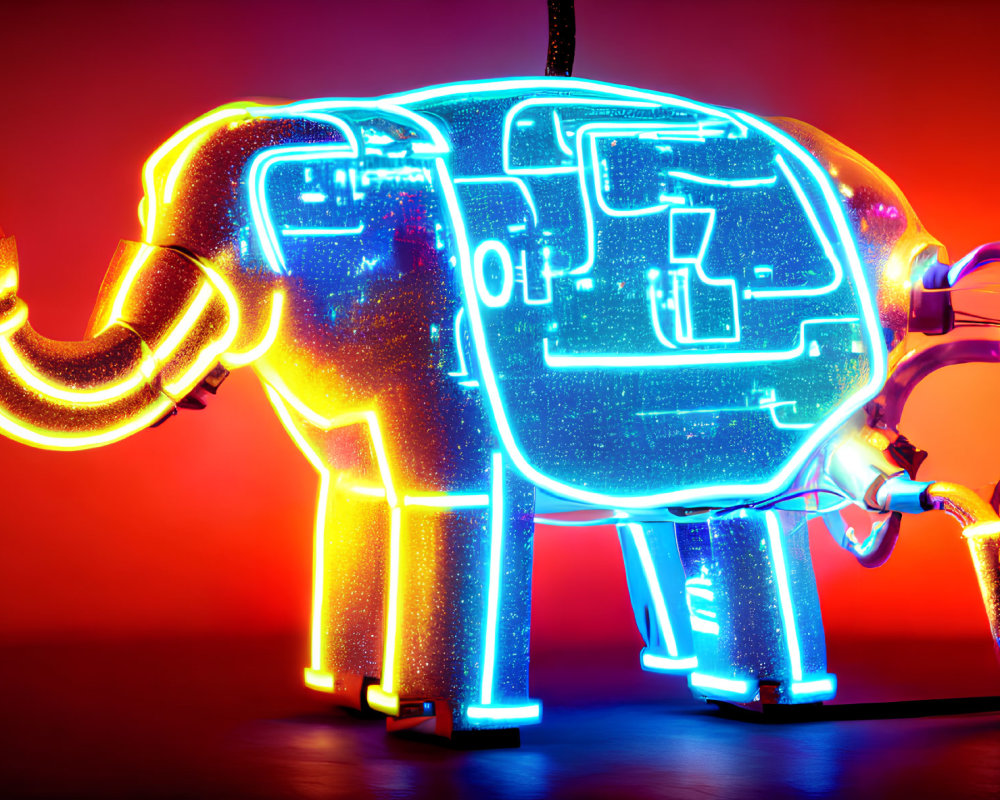 Transparent Neon Elephant Sculpture on Red Background