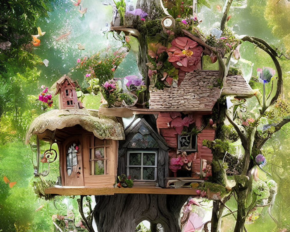 Illustration of whimsical treehouse with vibrant flowers and magical atmosphere