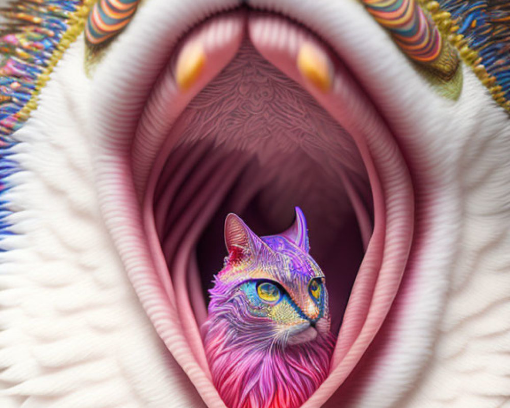 Surreal artwork: Cat's head in bird's beak with vibrant colors