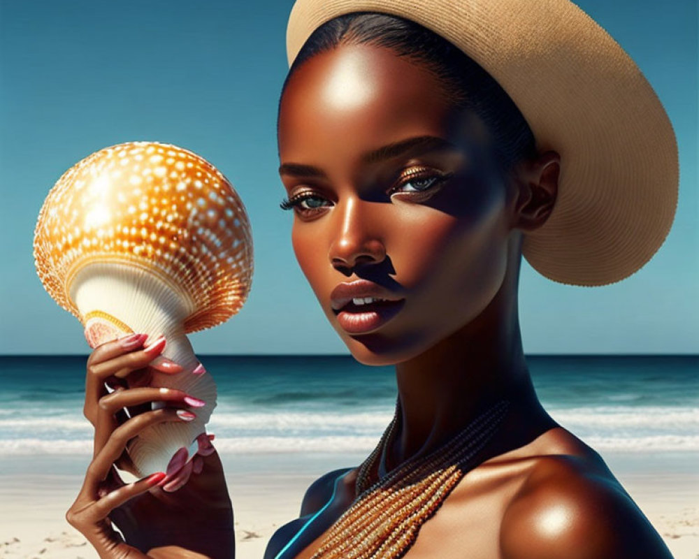 Woman Holding Iridescent Seashell Against Ocean Backdrop