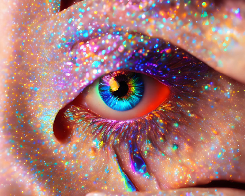 Close-up of vibrant, multicolored iris with glitter-covered skin.