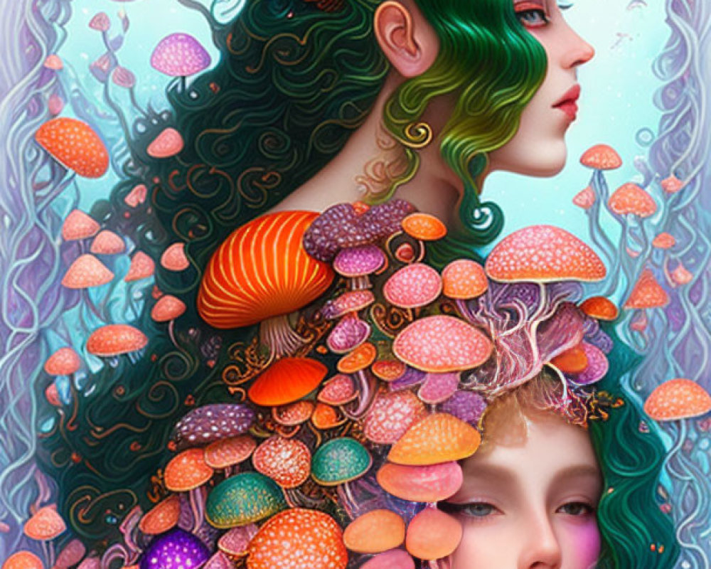 Colorful illustration: Two women with green hair and whimsical mushrooms