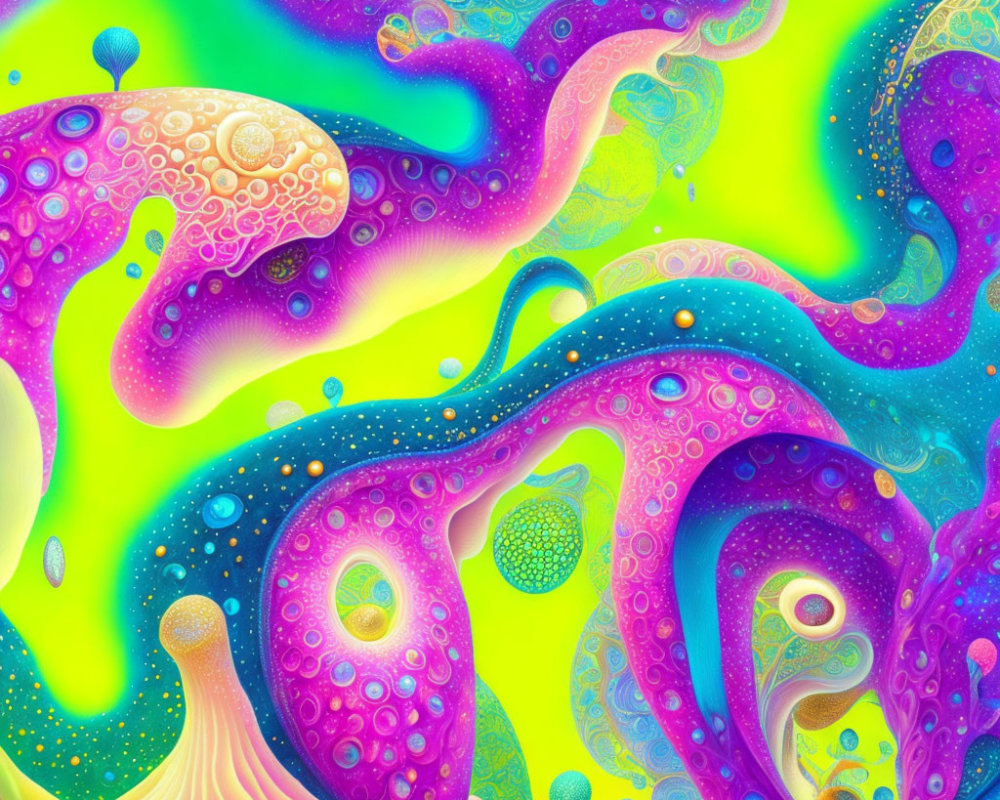 Colorful digital abstract art with swirling psychedelic patterns in pink, purple, yellow, and green.