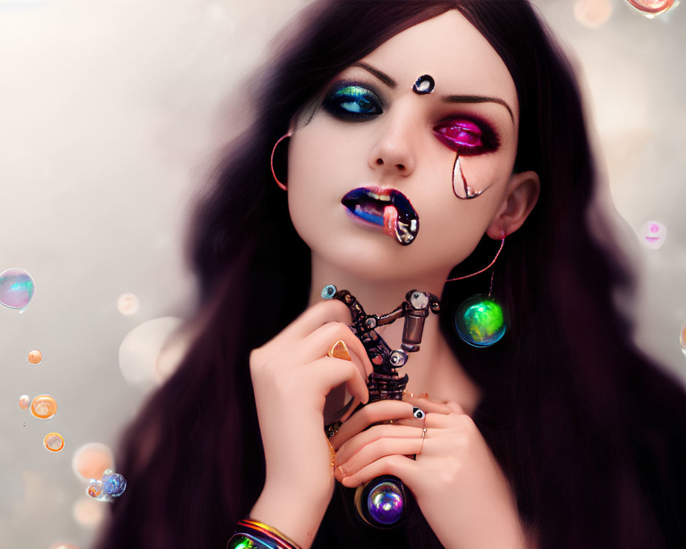 Dark-haired woman with vibrant makeup and unique jewelry in digital art.