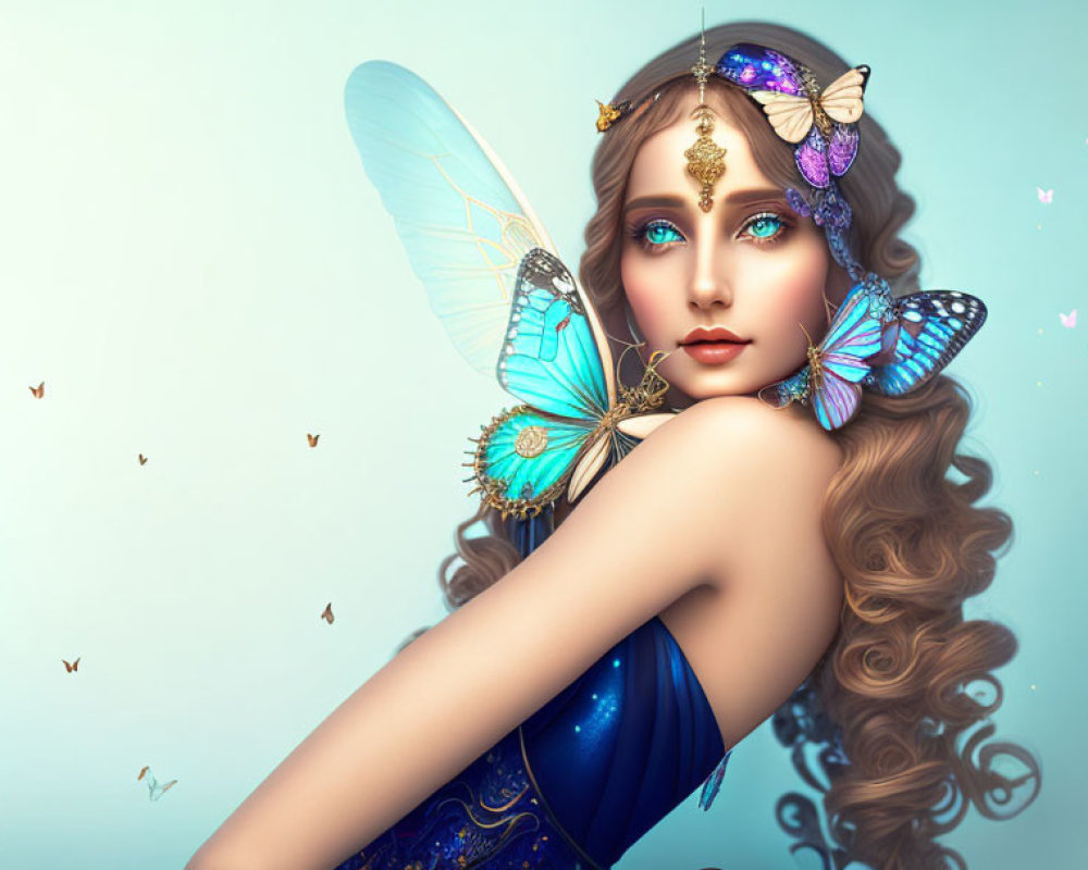 Fantasy image of a woman with butterfly wings and colorful butterflies in her hair.