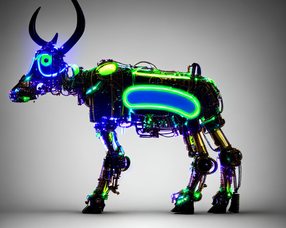 Futuristic 3D illustration of neon-lit robotic bull