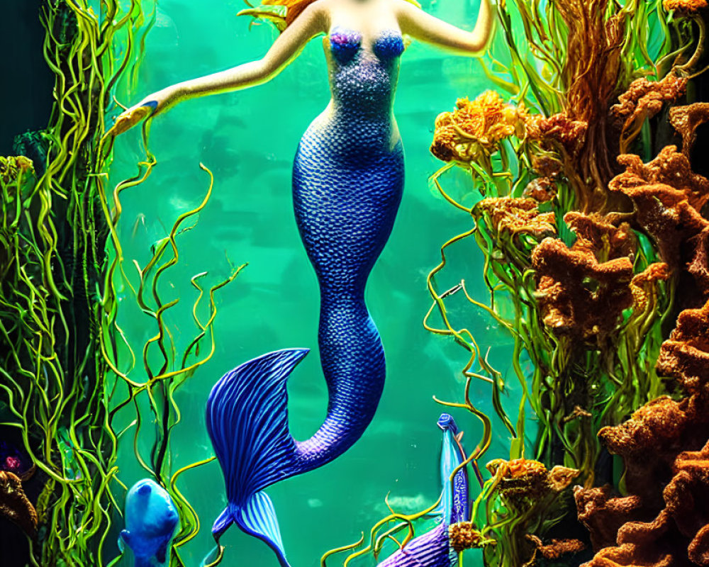 Blue-tailed mermaid with long red hair in vibrant aquarium scene