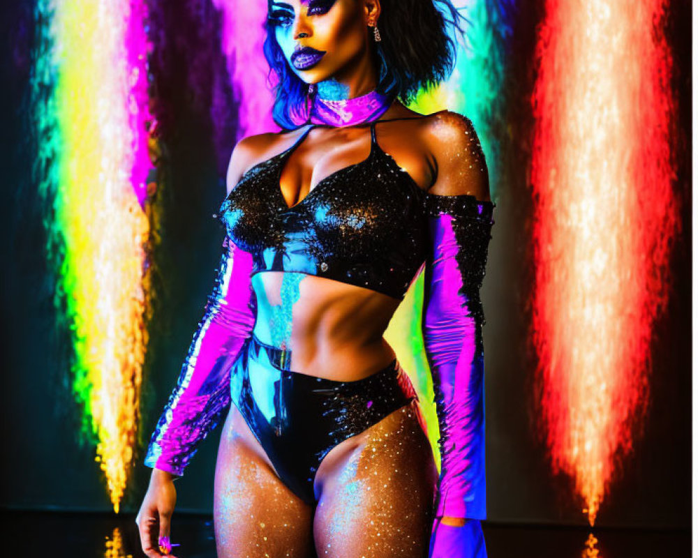 Glittery attire woman in dramatic makeup under vibrant lights