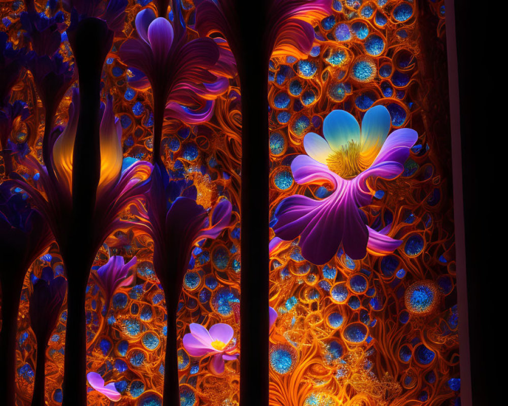 Surreal trees and flowers in vibrant digital art with glowing patterns