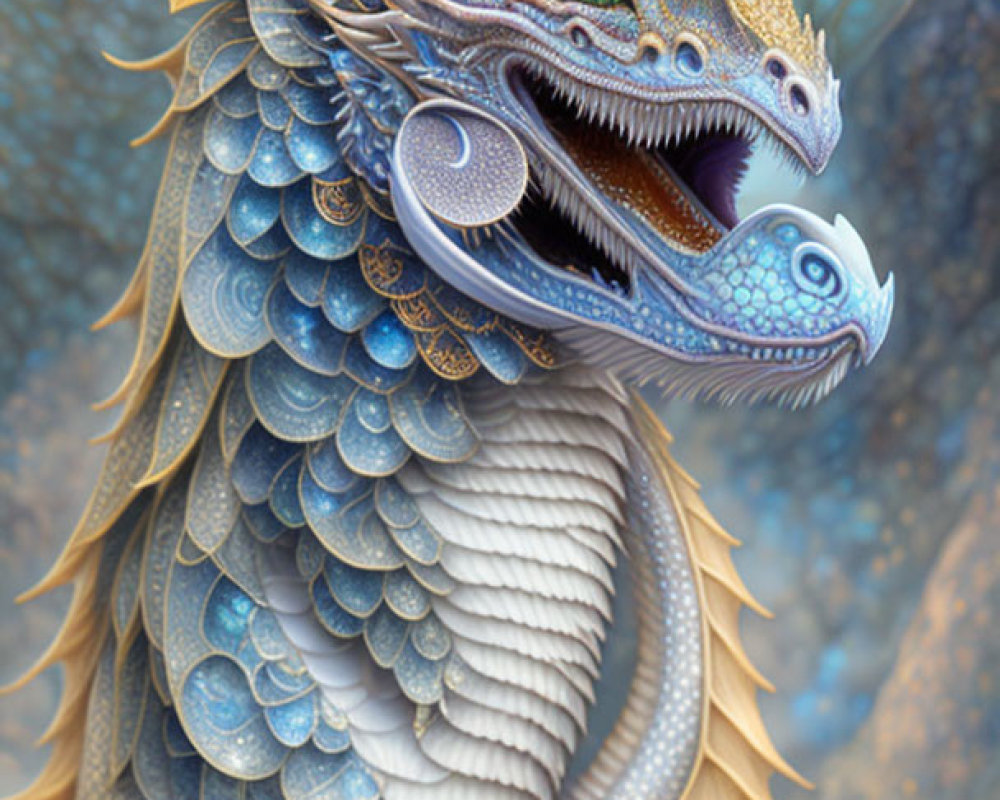 Detailed Illustration: Majestic Dragon with Blue and Gold Scales