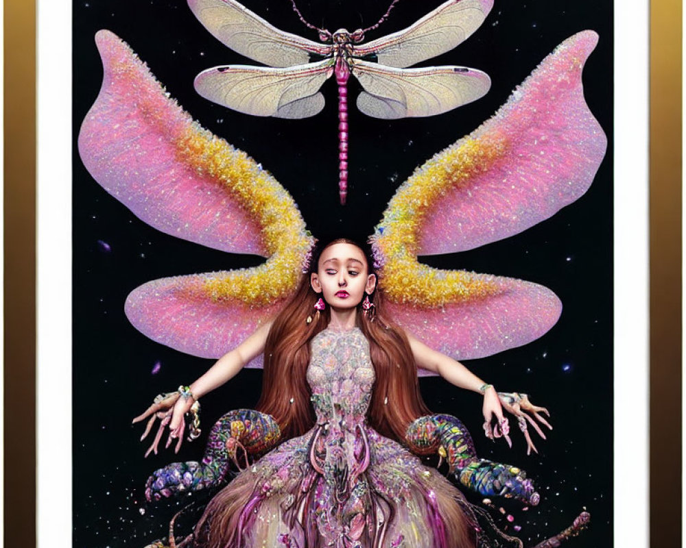 Digital artwork of woman in fantasy gown with butterfly wings and dragonfly in cosmic setting